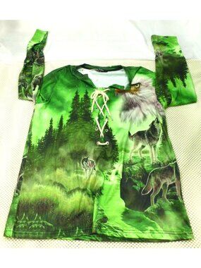 Green Forest Wolves & Eagle Lace-Up Long Sleeve Shirt Small Ouku Polyester Blend